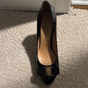 Salvatore Ferragamo Black Patent Leather Heels with Gold Buckle